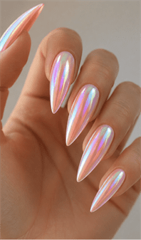Iridescent aurora chrome stiletto nails with glossy holographic finish, pearlescent pink nail design on long nails