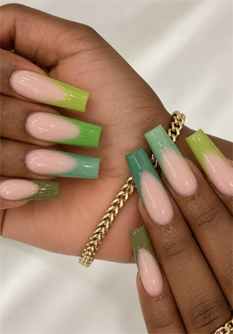 Lime green ombre French tip coffin nails with glossy nude base, gradient green acrylic nail design on long square nails