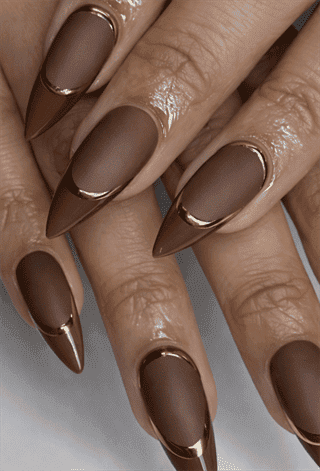 Matte chocolate brown French tip stiletto nails with gold chrome outline, nude base elegant nail design”