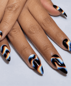 Midnight rainbow aura almond nails with glossy black base, colorful retro swirl nail design on long nails