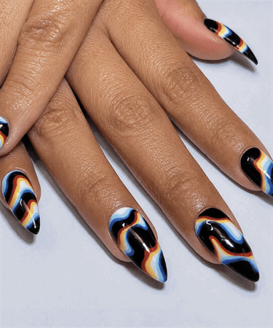Midnight rainbow aura almond nails with glossy black base, colorful retro swirl nail design on long nails