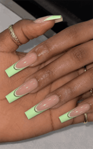 Mint green outline French tip coffin nails with nude pink base, glossy minimalist nail design on long square nails