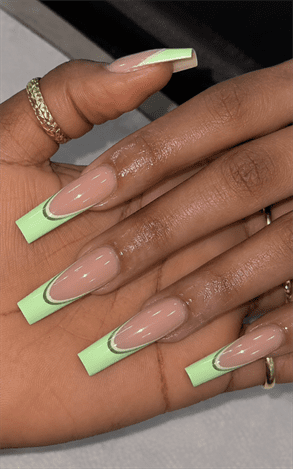 Mint green outline French tip coffin nails with nude pink base, glossy minimalist nail design on long square nails