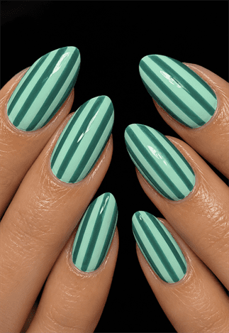 Mint green striped almond nails with glossy finish, retro vertical stripe nail design in layered sage and teal tones