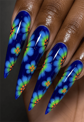 Neon blue floral aura stiletto nails with glowing flower nail art, vibrant airbrush nail design on long pointed nails