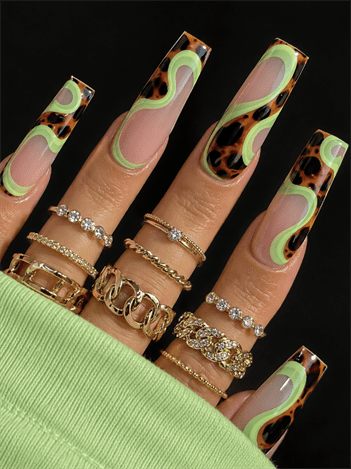 Neon green tortoiseshell swirl coffin nails with nude base, retro abstract nail design featuring animal print accents