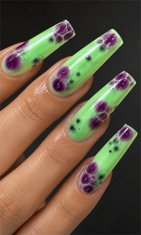Neon lime green and purple aura coffin nails with glossy jelly finish, abstract bubble nail design on long acrylic nails