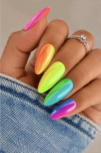 Neon rainbow ombre almond nails with glossy finish, vibrant gradient nail design in pink, yellow, green and blue