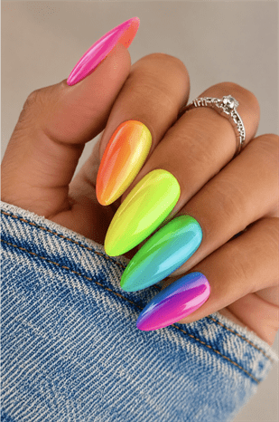 Neon rainbow ombre almond nails with glossy finish, vibrant gradient nail design in pink, yellow, green and blue