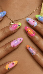 Neon sorbet ombre almond nails with glossy finish, colorful pastel gradient nail design with rhinestone accents