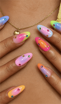 Neon sorbet ombre almond nails with glossy finish, colorful pastel gradient nail design with rhinestone accents