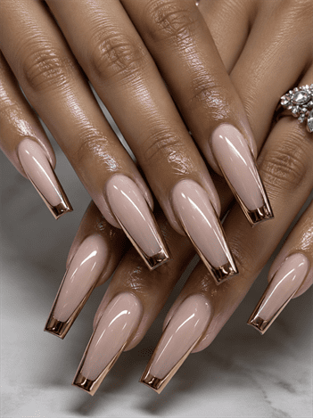 Nude coffin nails with rose gold chrome outline French tips, glossy minimalist nail design featuring metallic edge detailing