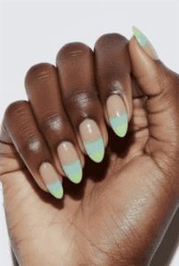 Nude to mint green French tip almond nails with glossy finish, soft pastel gradient nail design