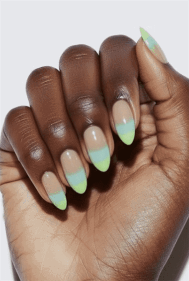Nude to mint green French tip almond nails with glossy finish, soft pastel gradient nail design