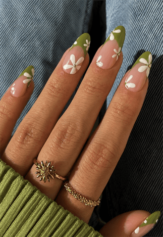 Olive green daisy French tip almond nails with white floral accents, glossy spring nail design on nude base