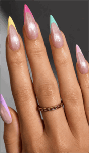 Pastel French tip shimmer almond nails with glossy pearlescent finish, colorful spring nail design on nude base