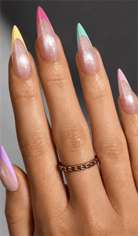 Pastel French tip shimmer almond nails with glossy pearlescent finish, colorful spring nail design on nude base