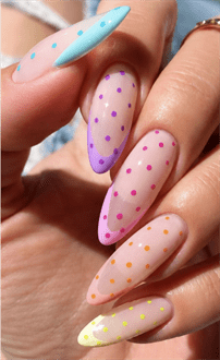 Pastel polka dot French tip almond nails with nude base, glossy colorful dotted nail design