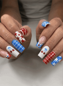 Patriotic pop art coffin nails with red, white and blue star, cherry and plaid nail designs