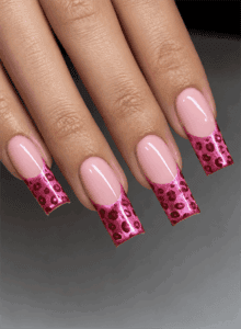 Pink leopard French tip square nails with glossy nude base, metallic animal print nail design