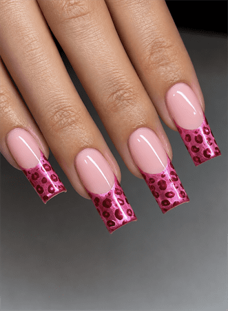 Pink leopard French tip square nails with glossy nude base, metallic animal print nail design