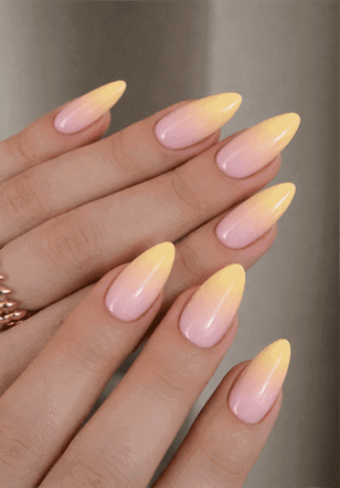 Pink and yellow ombre almond nails with glossy finish, soft pastel gradient nail design on long nails