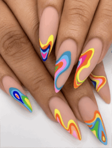 Psychedelic neon swirl almond nails with nude base, colorful retro wave nail design on long nails