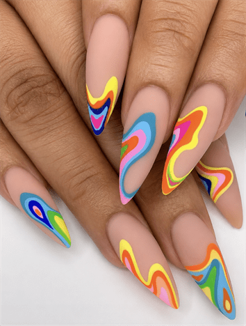Psychedelic neon swirl almond nails with nude base, colorful retro wave nail design on long nails