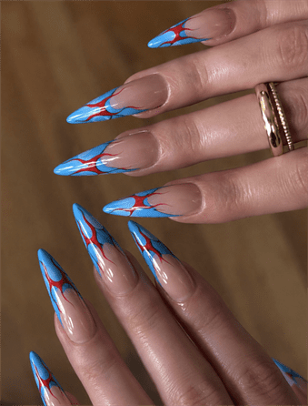 Retro blue flame stiletto nails with red outline accents, glossy nude base flame nail design on long nails