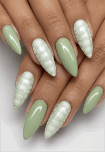 Sage green crocodile texture almond nails with glossy finish, luxury reptile-inspired nail design in soft pastel green