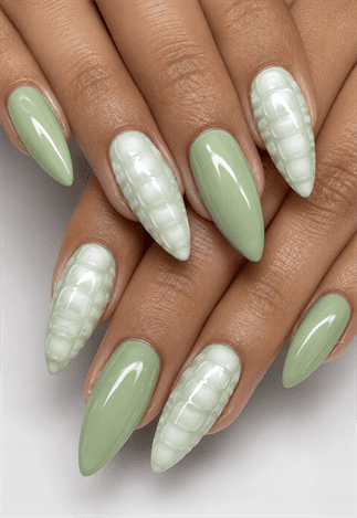 Sage green crocodile texture almond nails with glossy finish, luxury reptile-inspired nail design in soft pastel green