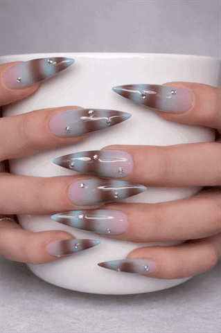 Smoky blue and brown ombre stiletto nails with rhinestones, glossy gradient nail design on nude base