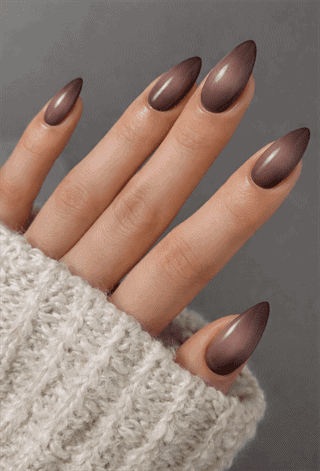 Smoky brown ombre almond nails with glossy gradient fade, soft neutral nail design on long nails