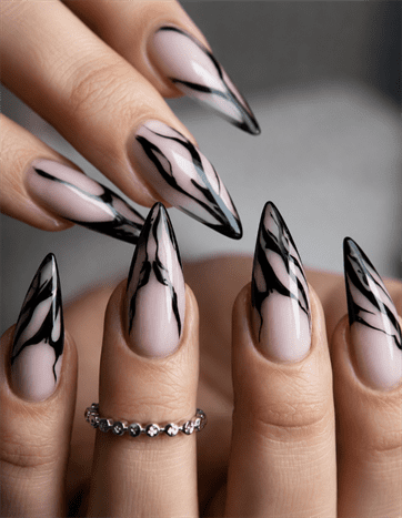 Smoky marble stiletto nails with black abstract swirl design, glossy nude base nail art on long pointed nails