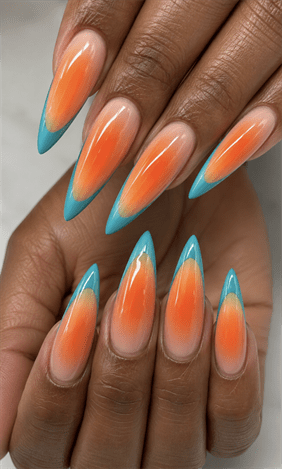Sunset aura French tip stiletto nails with orange ombre center and turquoise blue tips, glossy tropical nail design on long pointed nails