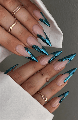 Teal chrome swirl stiletto nails with nude base, metallic abstract nail design on long pointed nails
