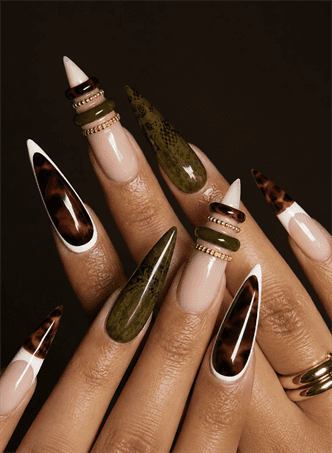 Tortoiseshell and olive green stiletto nails with glossy finish, earthy animal print nail design on nude base