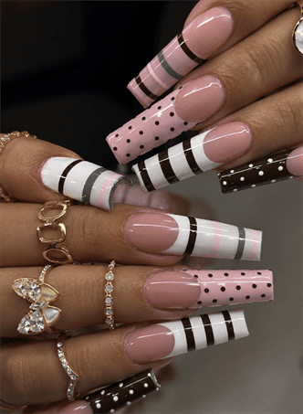 Y2K pink stripe and polka dot coffin nails with glossy finish, retro mixed pattern nail design on nude base