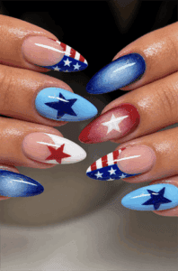 Patriotic ombré almond nails featuring red, white and blue stars, American flag French tips and glossy Fourth of July nail art