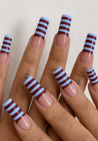 Burgundy and baby blue striped French tip coffin nails with glossy nude base, retro geometric nail design on long square acrylic nails