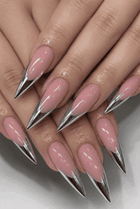 Chrome French tip stiletto nails with mirror silver metallic tips, glossy nude pink base and elegant modern luxury manicure