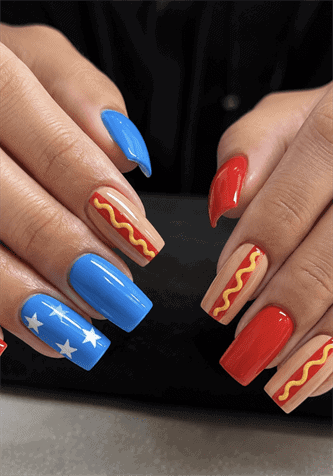 Patriotic pop art nails with hot dog nail art, blue star accent nails and red glossy manicure, fun Fourth of July nail design on coffin nails