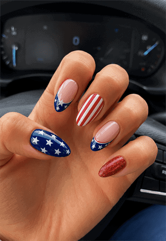 Patriotic stars and stripes almond nails with American flag nail art, glossy red, white and blue manicure for Fourth of July