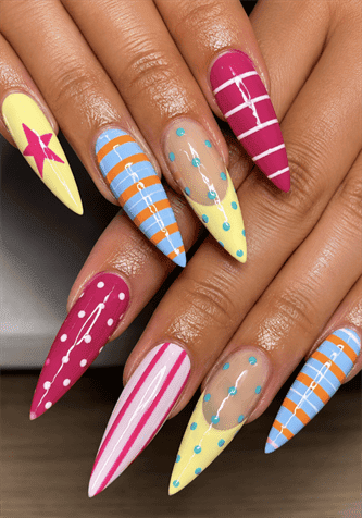 Retro pop art stiletto nails with colorful geometric patterns, stripes, polka dots and star nail art on long pointed nails
