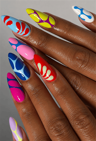 Colorful abstract almond nails with retro geometric patterns, bold color blocking and glossy pop art nail design in pink, blue, red, lime and lavender