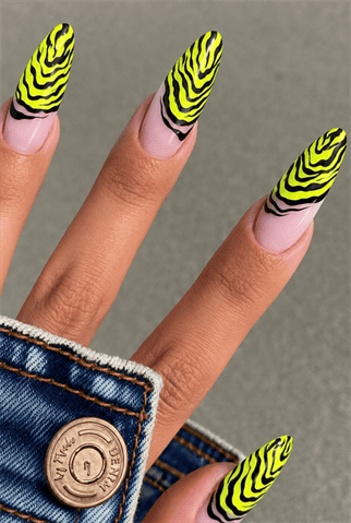 Neon yellow zebra print almond nails with black animal print French tips, glossy finish and bold safari-inspired nail design