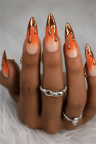 Orange ombré chrome drip stiletto nails with molten rose gold metallic French tips, glossy sunset gradient and luxury nail design