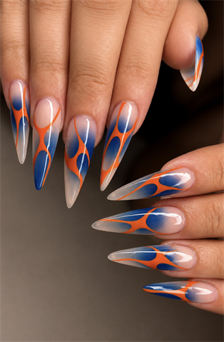 Blue and orange abstract flame stiletto nails with translucent nude base, glossy retro swirl nail art and modern statement manicure