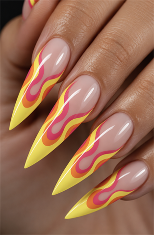 Neon yellow flame French tip stiletto nails with pink and orange retro swirl nail art, glossy nude base and bold Y2K-inspired manicure