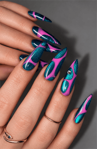 Teal glitter and hot pink abstract stiletto nails with geometric cutout nail art, glossy metallic accents and bold retro Y2K manicure